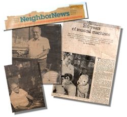 A montage of newspaper clippings about Harold Freiheit and his music machines, headlined "200 years of musical machines"